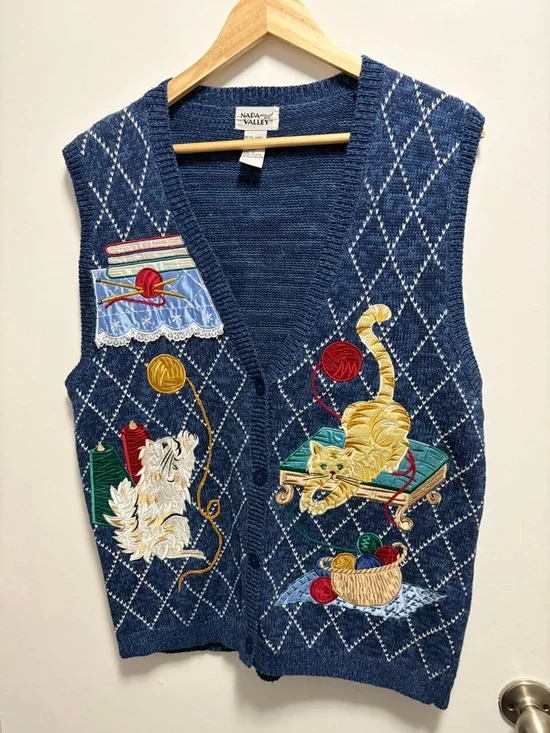 Napa Valley Vintage Cat Embroidery Sleeveless Vest Women’s Size Medium - Picture 1 of 4